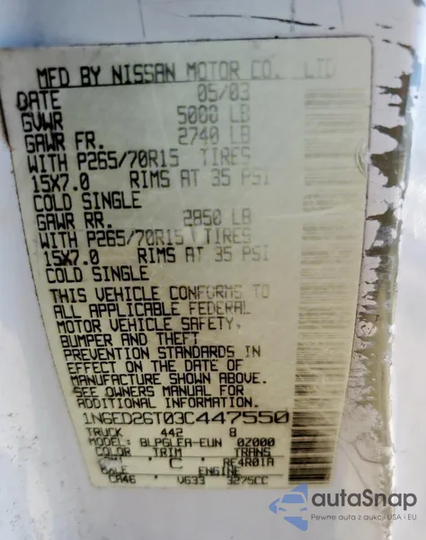 2003 Nissan Frontier King Cab Xe из США, поврежденный, VIN 1N6ED26T03C447550